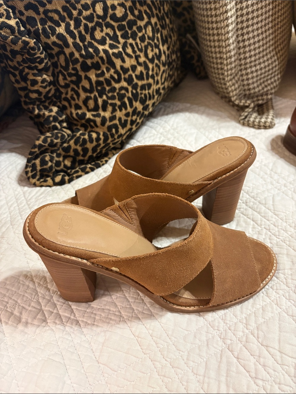 UGG Women's Tan Suede Crossover Block Heel Mules